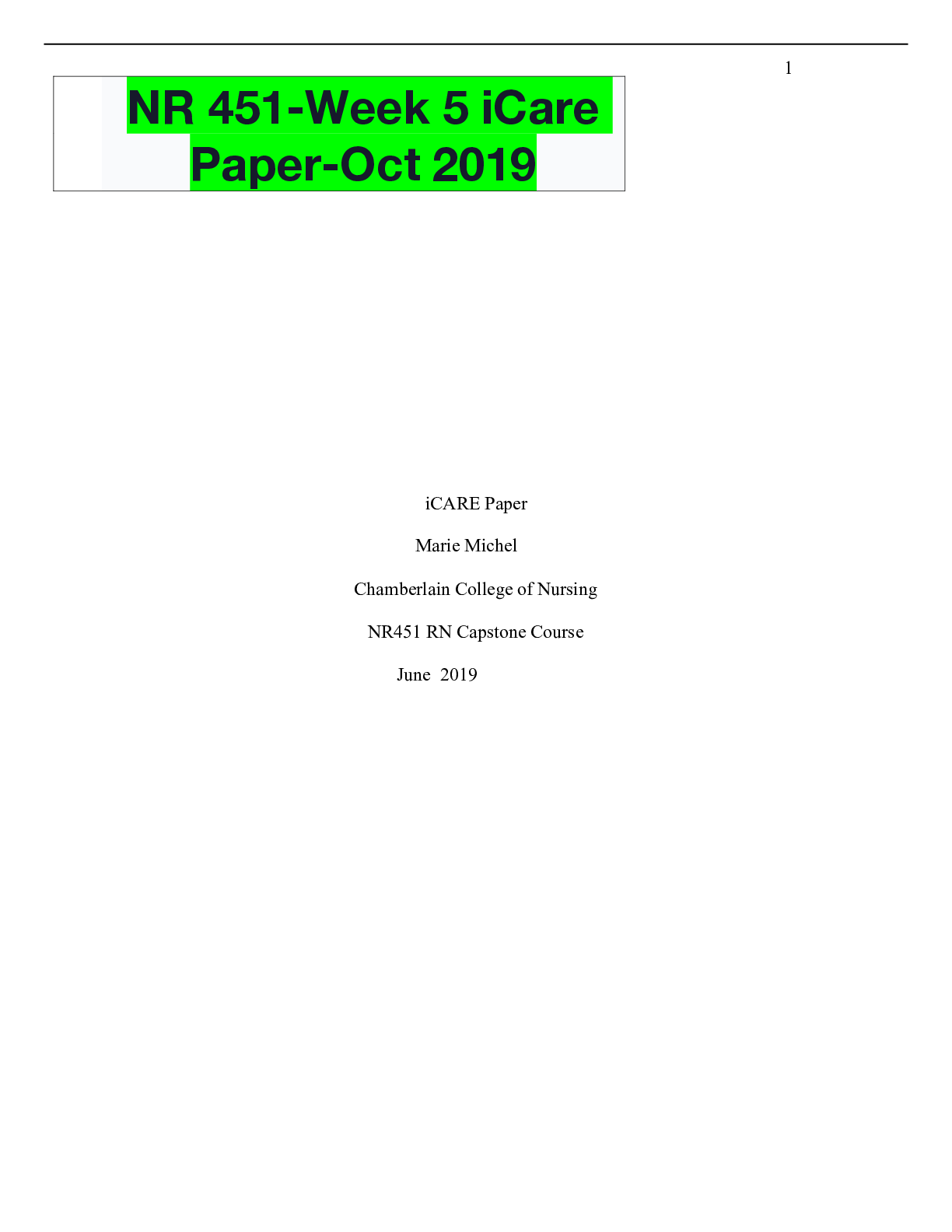 Preview image of NR 451-Week 5 iCare Paper-Oct 2019 document